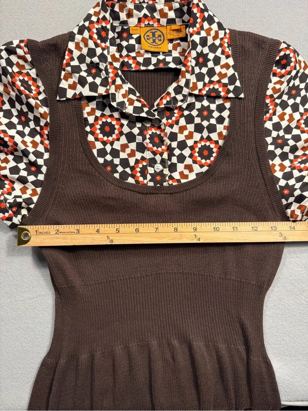 Tory Burch Small 100% Silk Cotton Brown Midi Stretch Sweater Dress Retro 70s